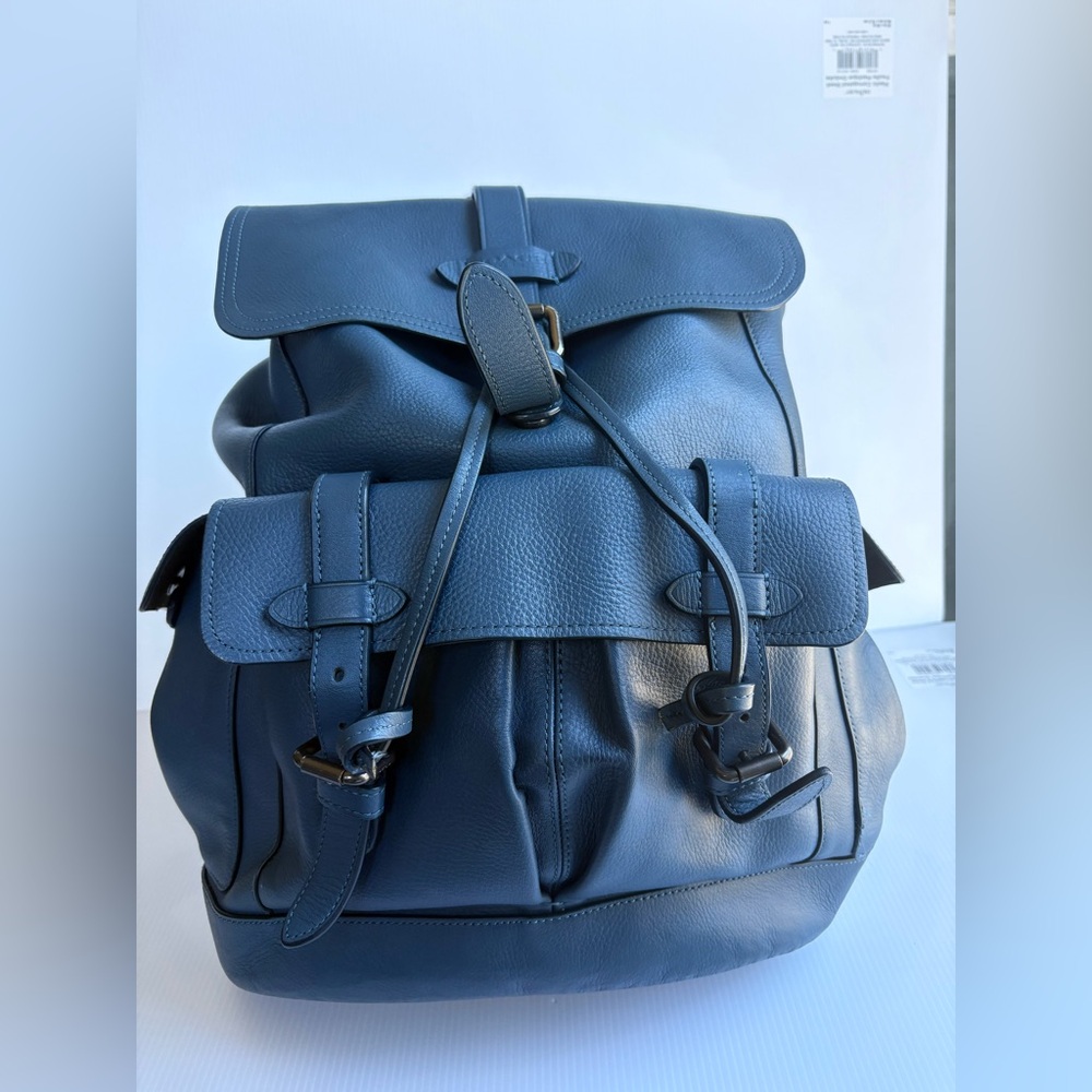 Men's Blue Leather Backpack - Classic Drawstring Rucksack